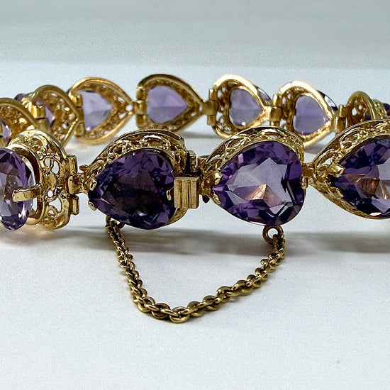 Vintage 14K Gold Heart Shaped Amethyst Link Bracelet