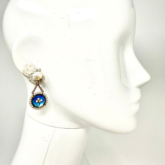 14K Gold Blue Enamel Drop Earrings with Pearls