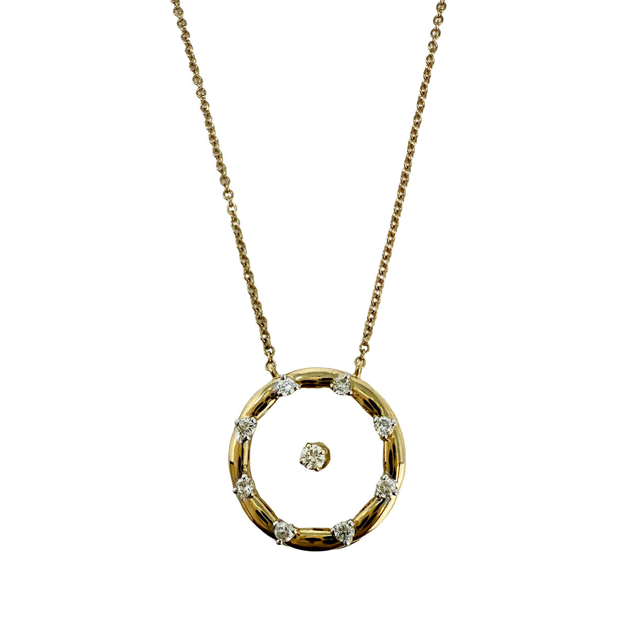 14K Gold Necklace with Circle Pendant with 9 Diamonds