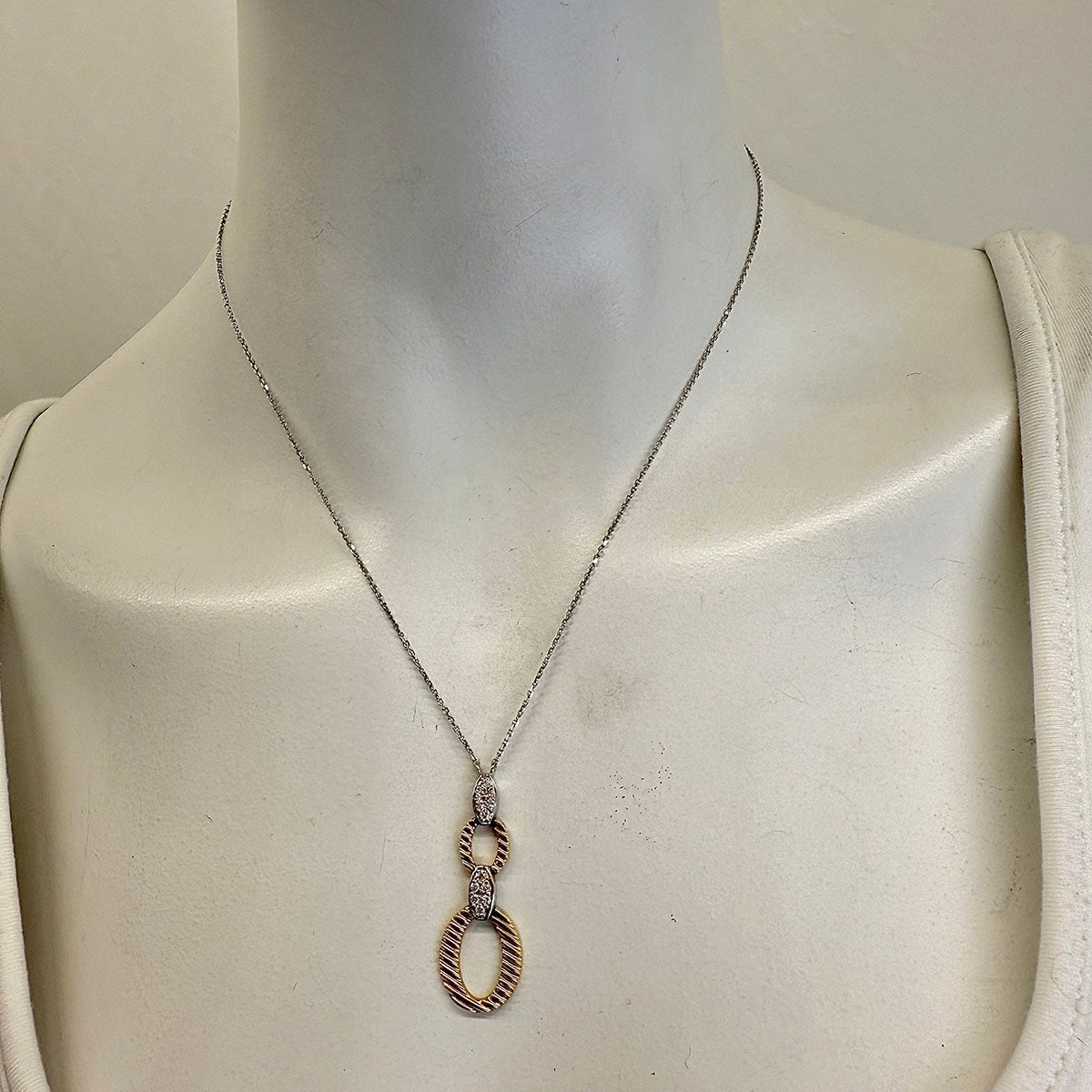 14K White Gold Necklace with Double 14K Yellow Gold Oval Pendant with Diamonds