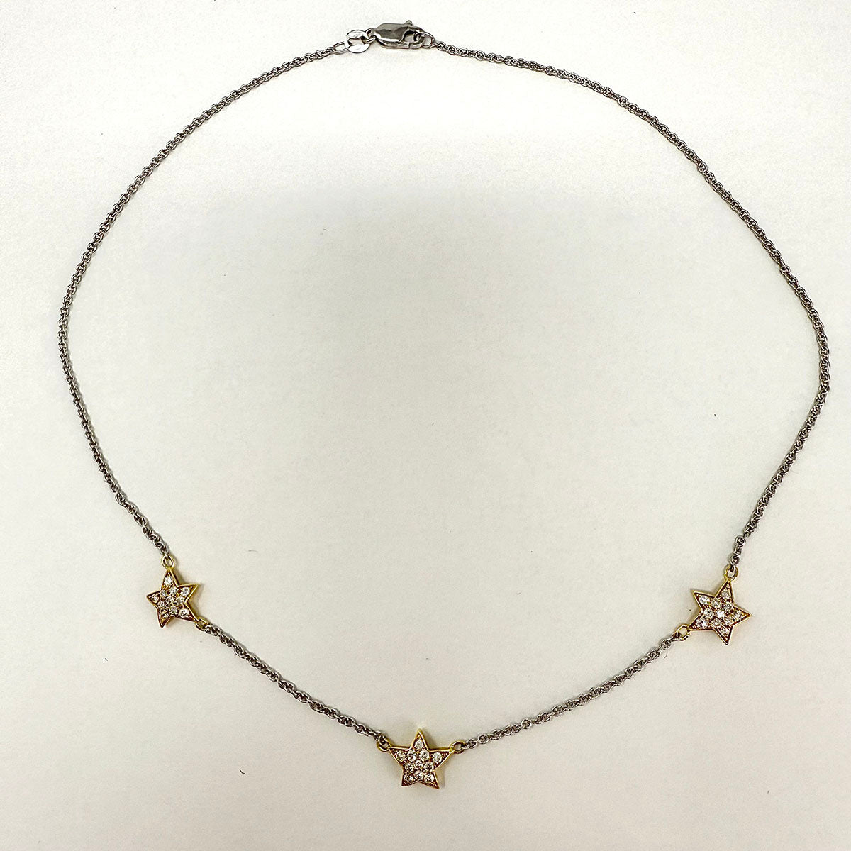 18K White Gold  Necklace with 3 Yellow Gold Stars with Diamonds