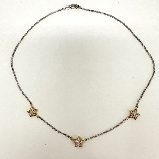 18K White Gold  Necklace with 3 Yellow Gold Stars with Diamonds