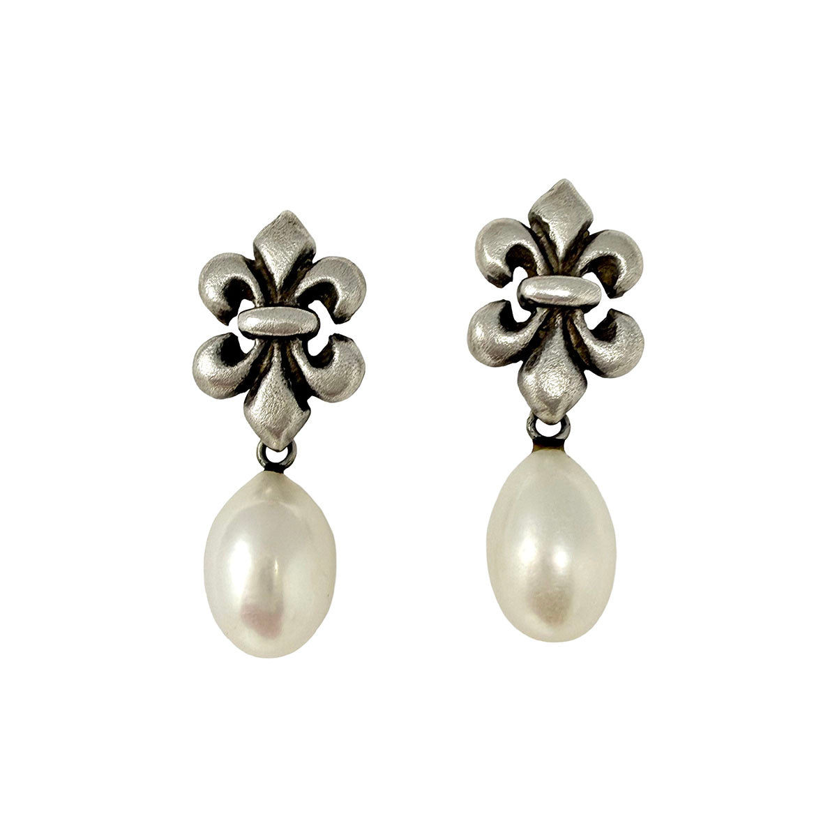 Therese Crowe Sterling Silver Fleur de Lis Drop Earrings with Pearl