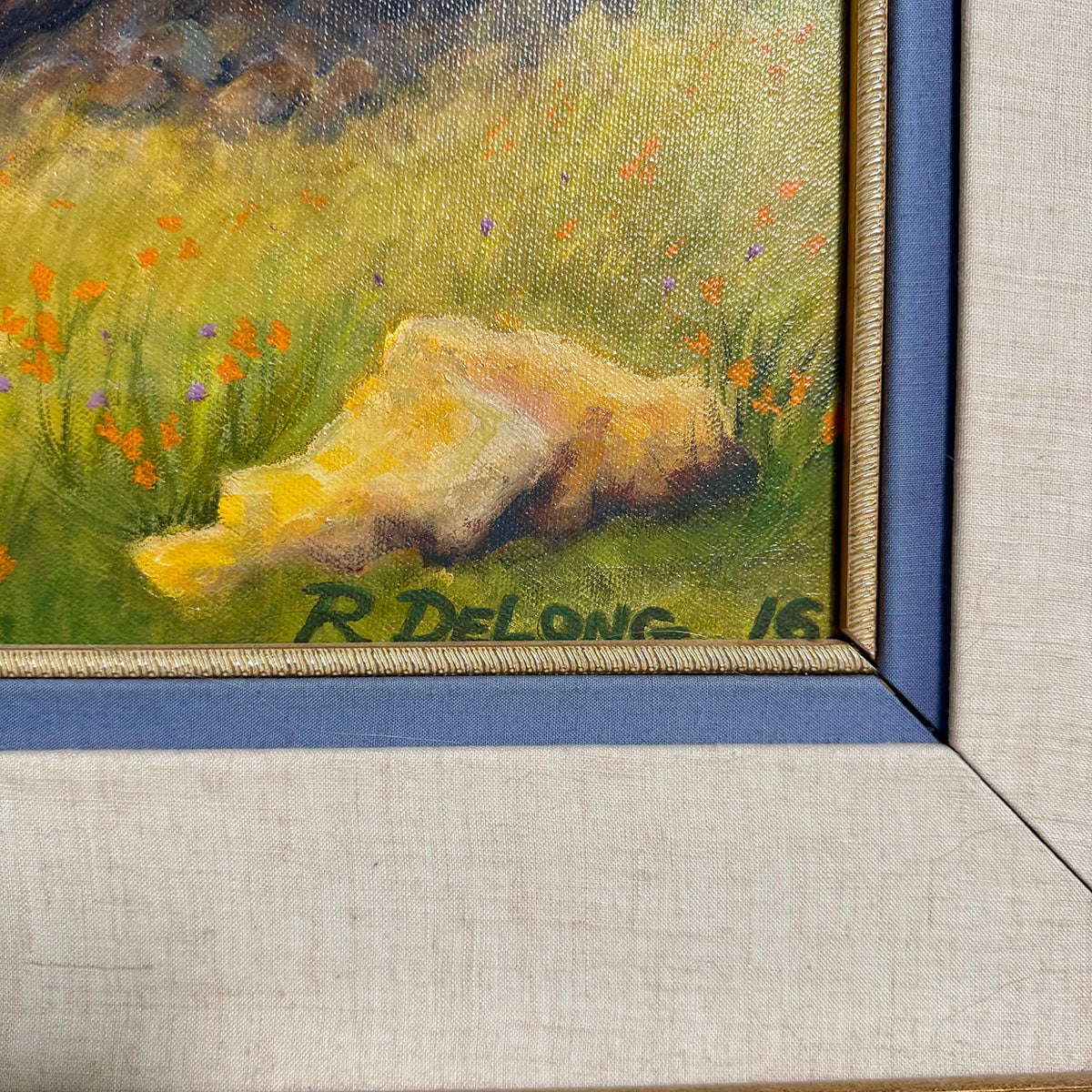 "Landscape Featuring a Meadow with Mountains in the Background" Signed