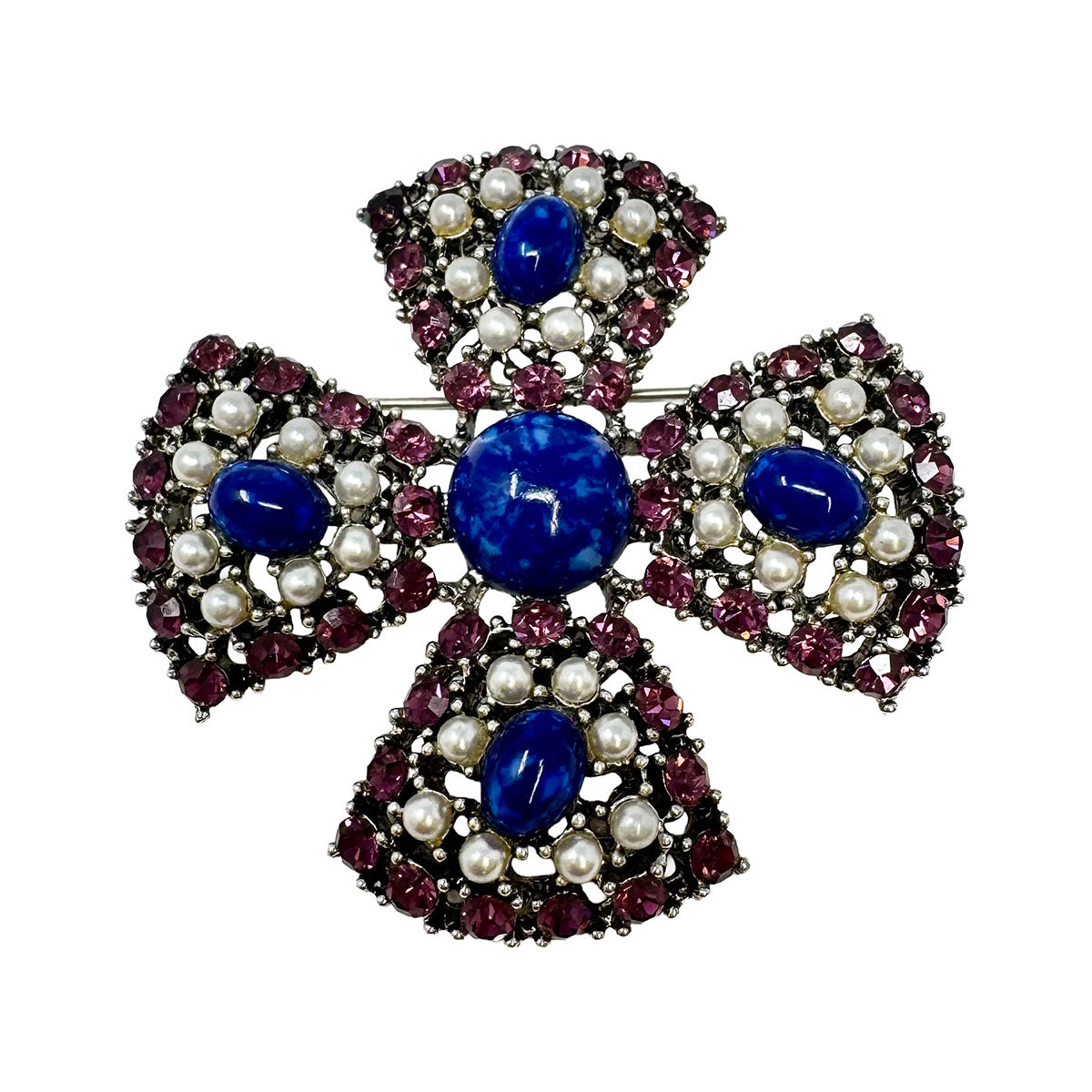 Weiss Crystal and Seed Pearl Maltese Cross Pin