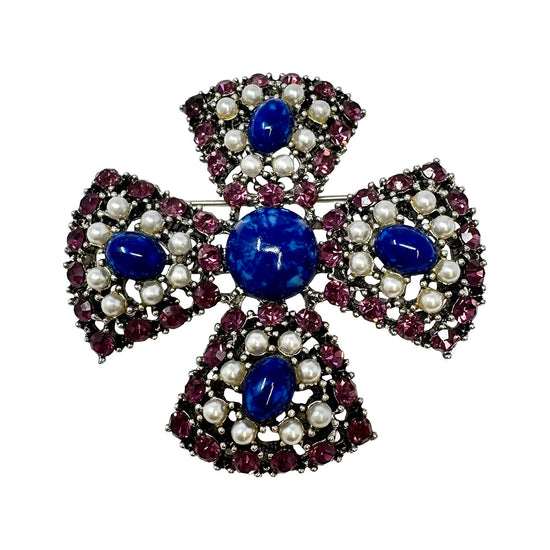 Weiss Crystal and Seed Pearl Maltese Cross Pin