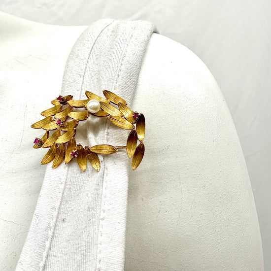 14K Gold Vintage Pin with Pearl and Rubies