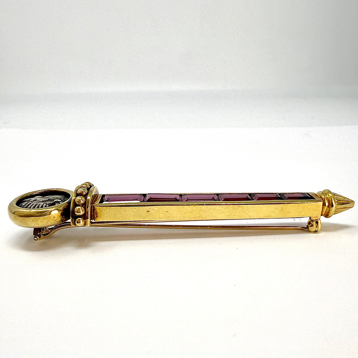 Susan Berman 18K Gold Pin with Roman Coin and Garnets
