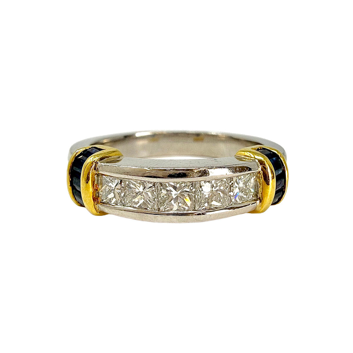 Platinum and 18K Gold Ring with 5 Diamonds and 18 Baguette Sapphires