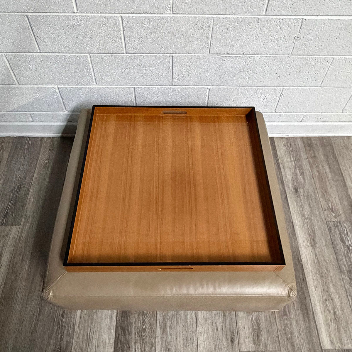 Leather Ottoman with Removable Wood Tray