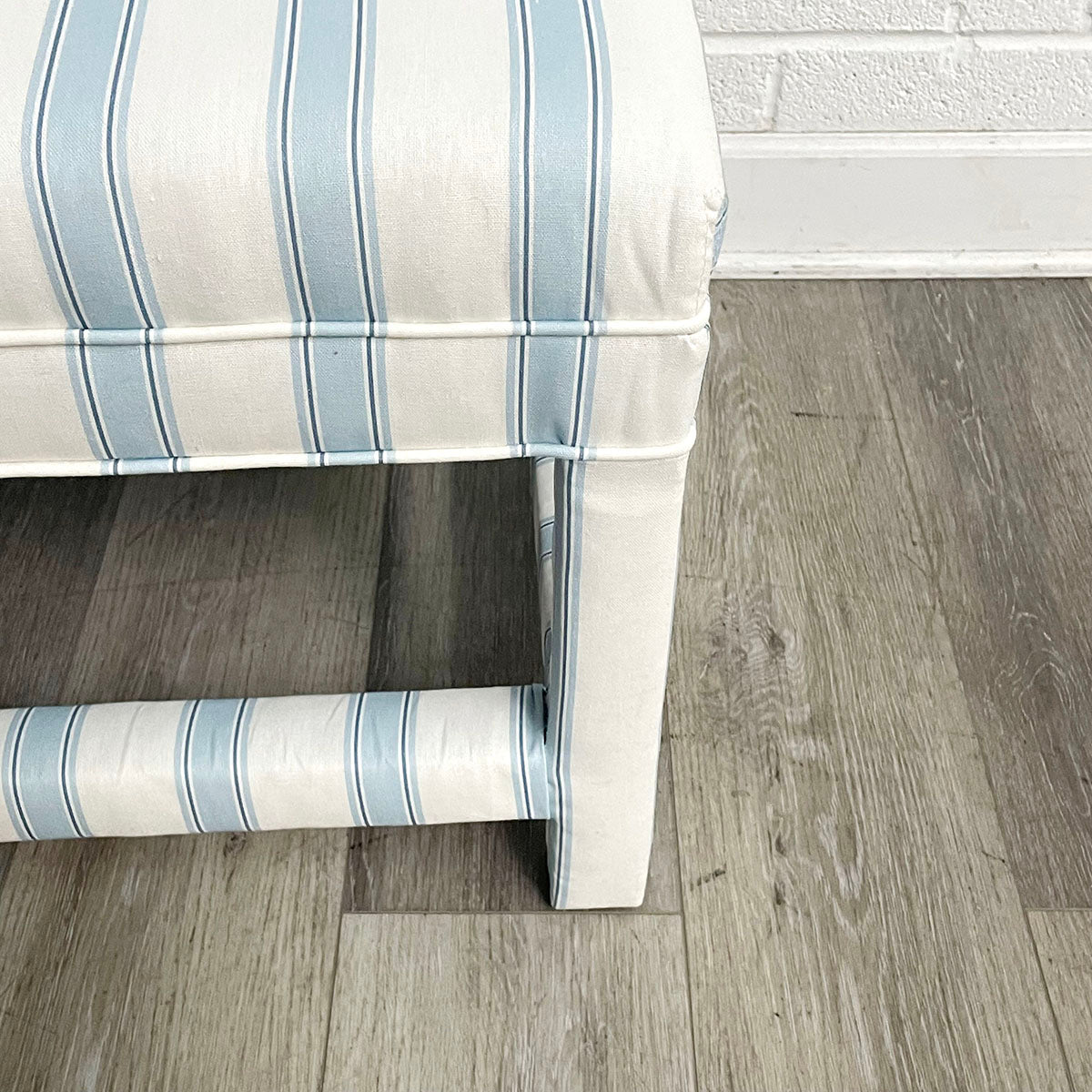 Light Blue and White Striped Upholstered  Bench