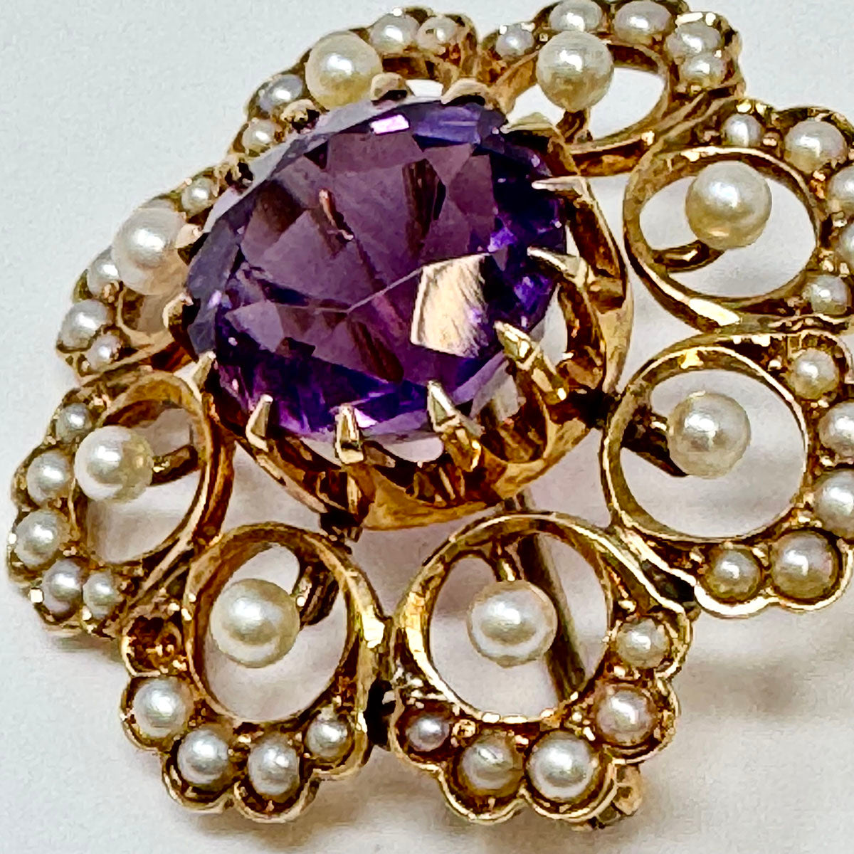 14K Gold Filigree Pin with Amethyst and Seed Pearls