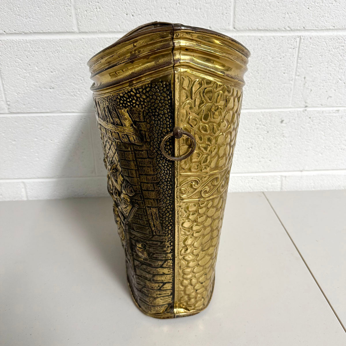 Large Brass Oval Bucket with Embossed Scene 1940's