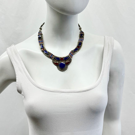 Tribal Red and Blue Inlay Silver Choker Necklace