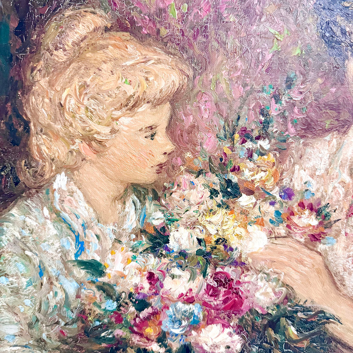 "Mother and Daughter with Flowers", Signed