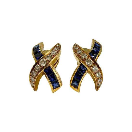 18K Gold "X" Earrings with Diamonds and Sapphires