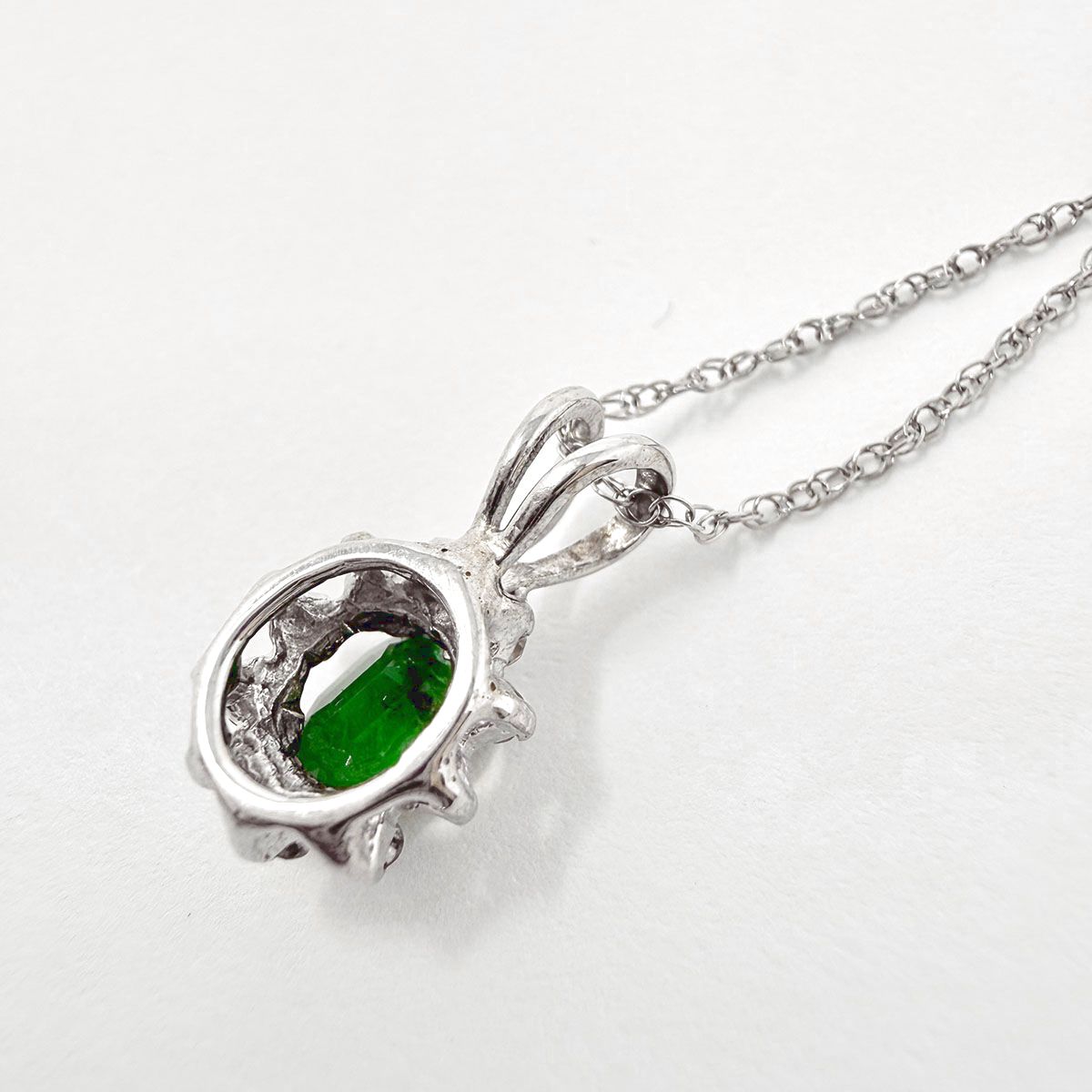 14K White Gold Necklace with Emerald and Diamond Pendant