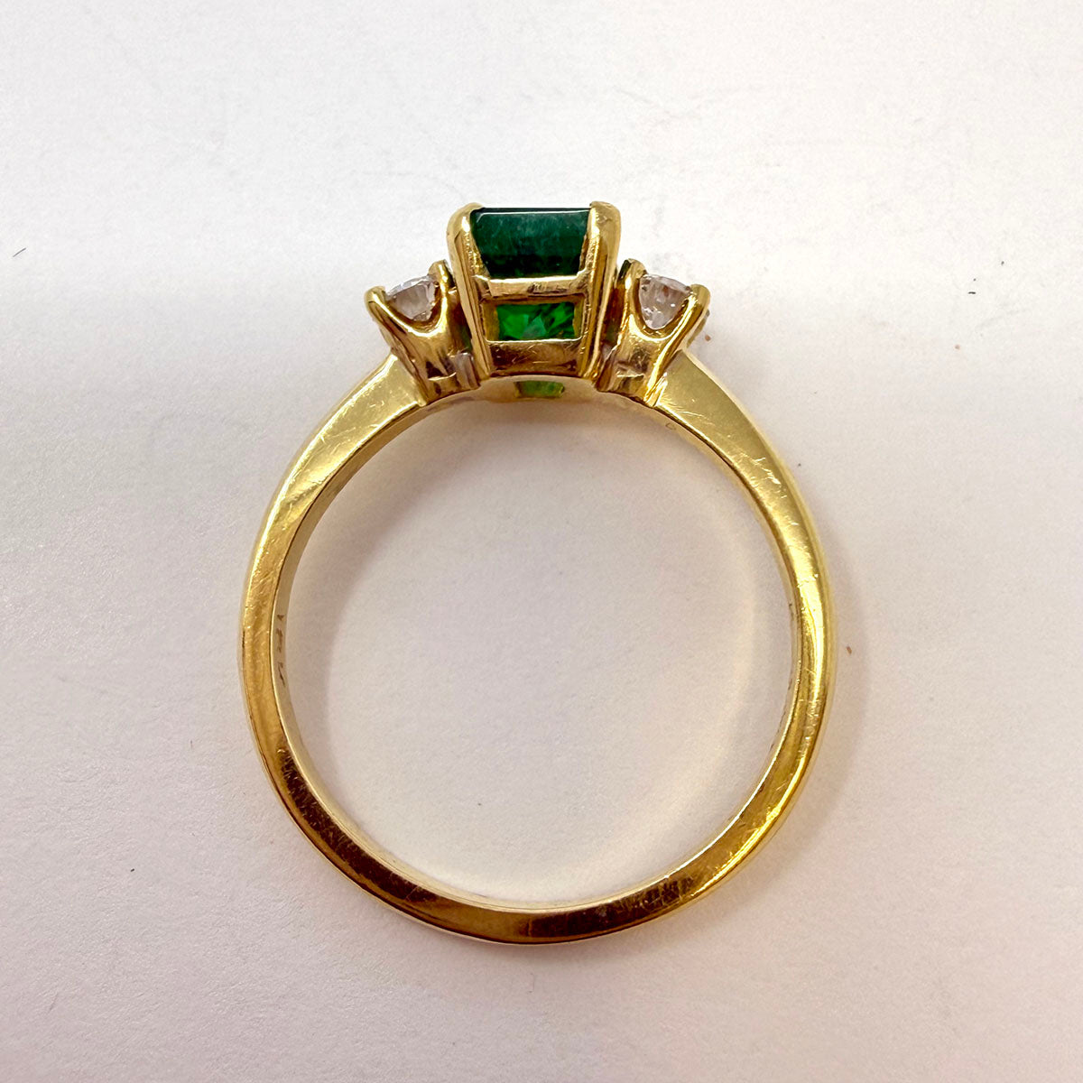 18K Gold Ring with Prong Set Emerald and 2 Diamonds