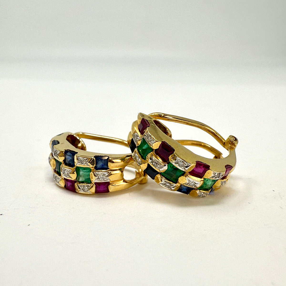 18K Gold Huggie Earrings with Ruby, Emerald, Sapphire and Diamond