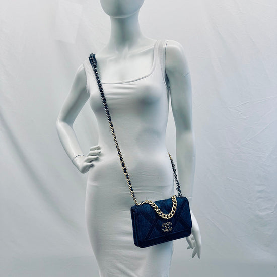 New Chanel 19 Denim Quilted Wallet on the Chain