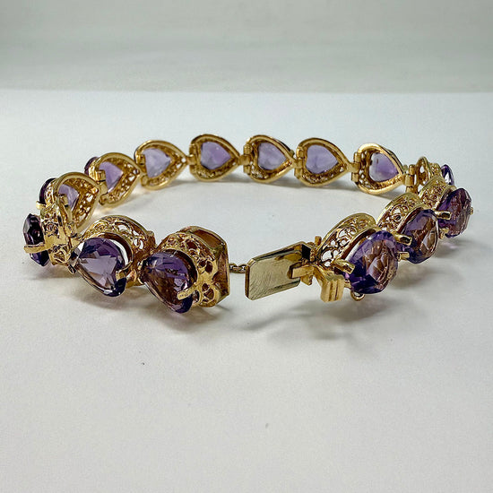 Vintage 14K Gold Heart Shaped Amethyst Link Bracelet