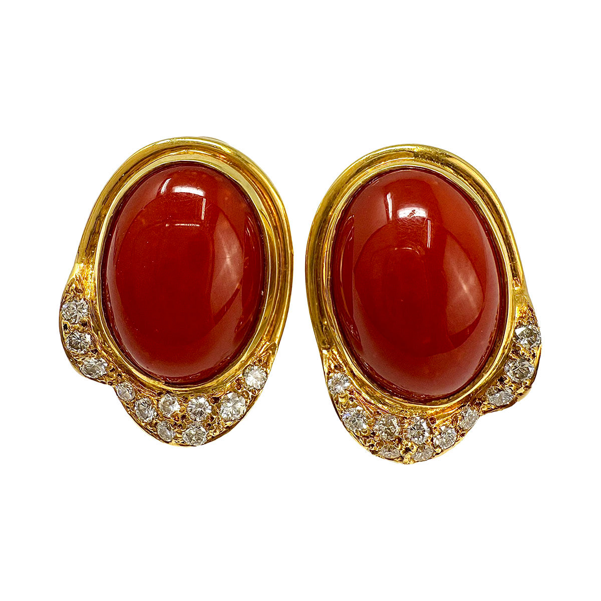 Vendorafa 18K Gold Oval Coral and Diamond Earrings