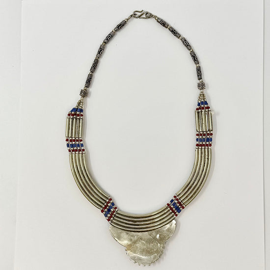 Tribal Red and Blue Inlay Silver Choker Necklace