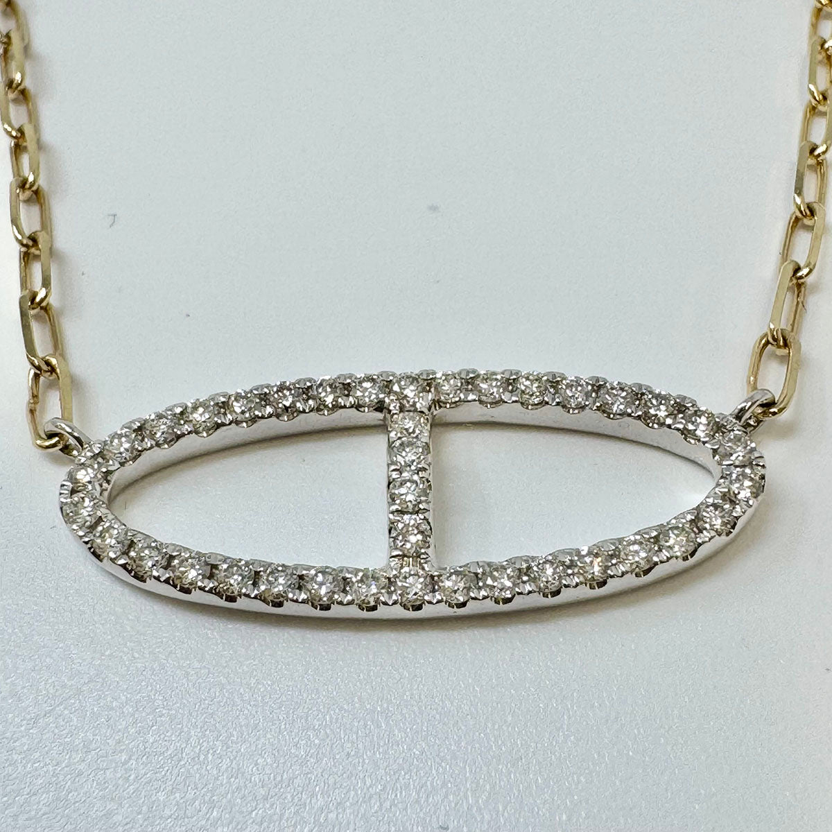 14K Gold Paper Clip Chain Necklace with Diamond Embellished Center Oval