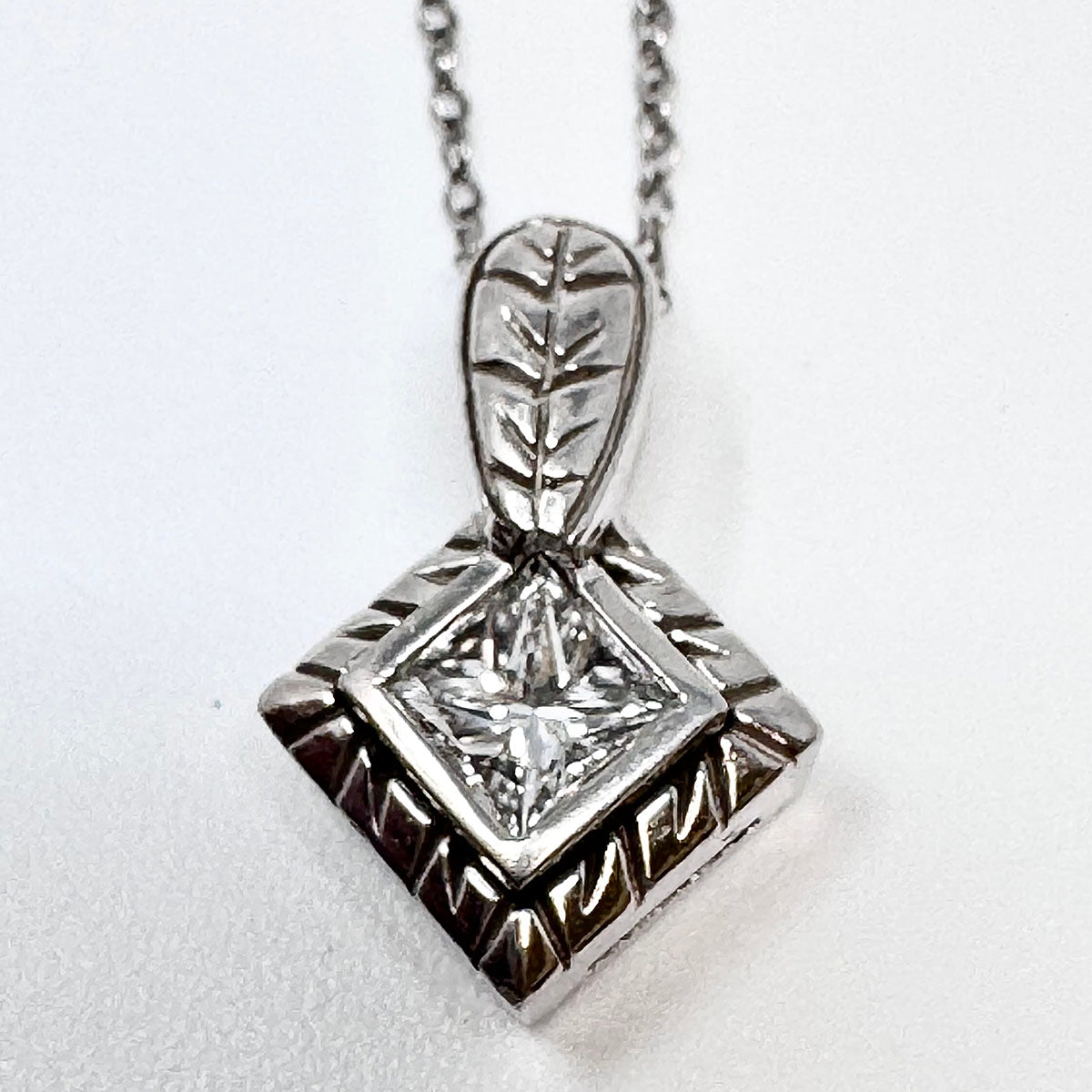 14K White Square Diamond Pendant Necklace