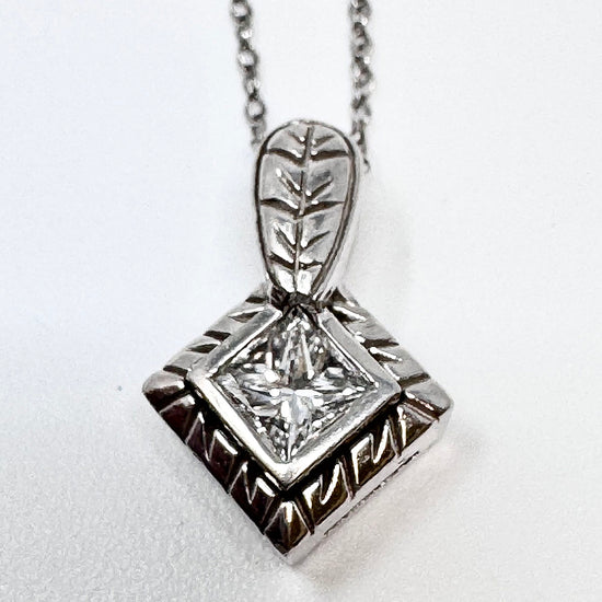 14K White Square Diamond Pendant Necklace