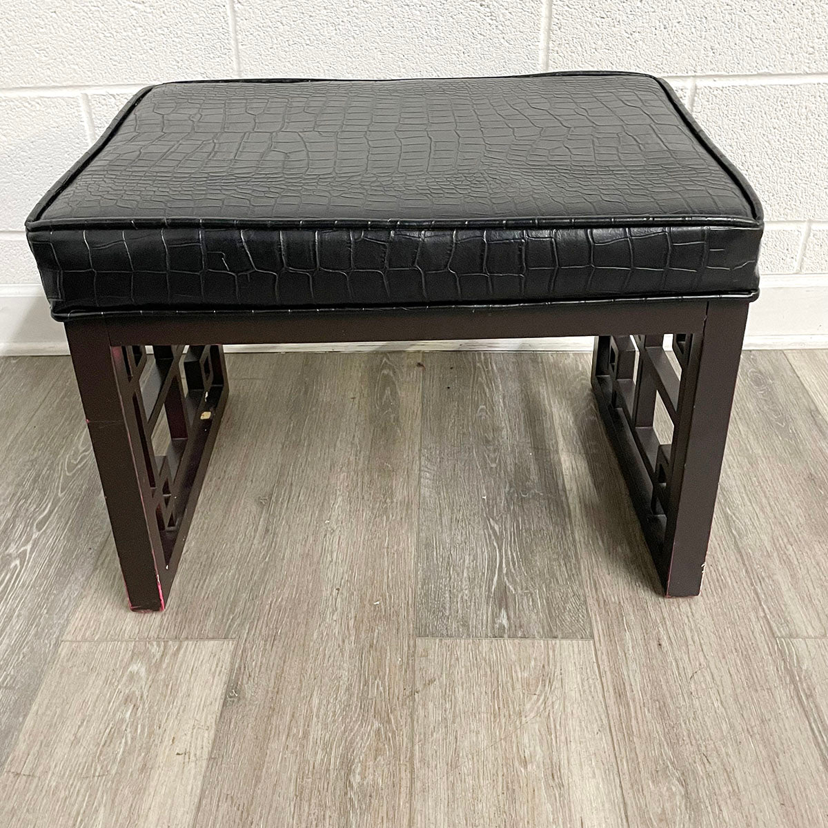 Pair of Black Crocodile-Embossed Upholstered Ottomans