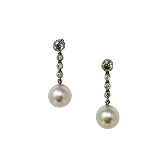 Platinum Pearl and Diamond Dangle Earrings