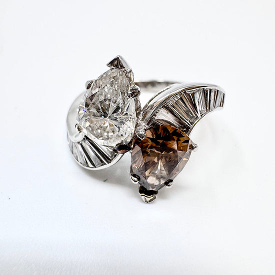 Platinum Twin Diamond Ring with 1.18ct Diamond and 1.17ct Cognac Colored Diamond