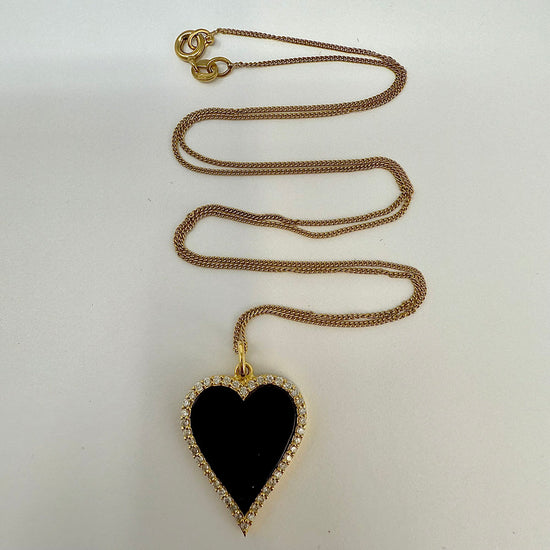 14K Gold Necklace with Black Onyx Heart Pendant with Diamond Trim