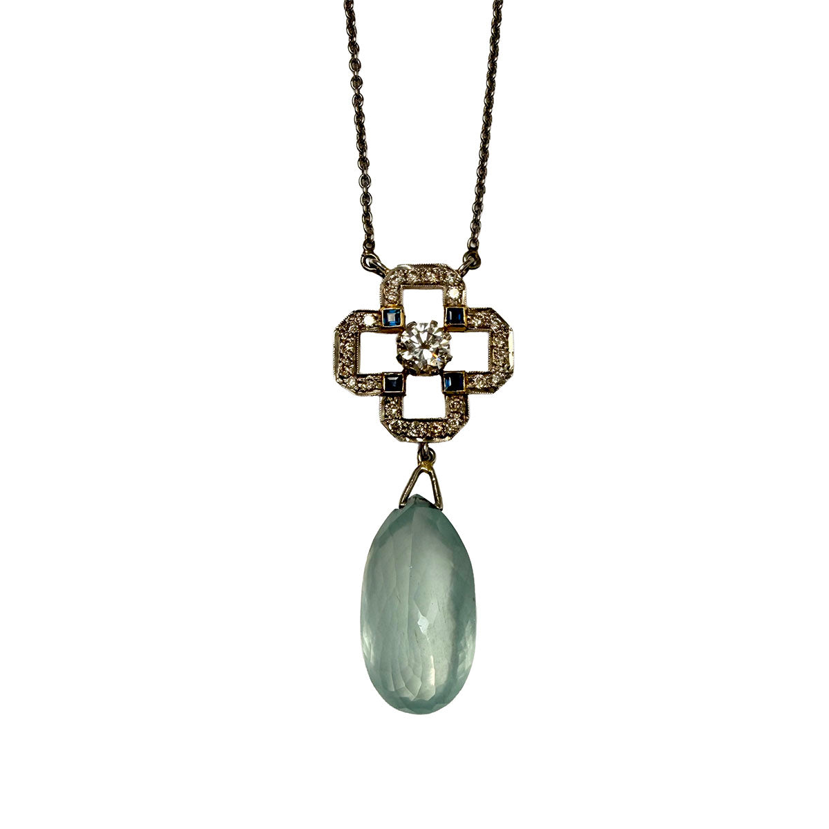 Vintage 18K White Gold 16" Necklace with Oval Aquamarine and Diamond Pendant