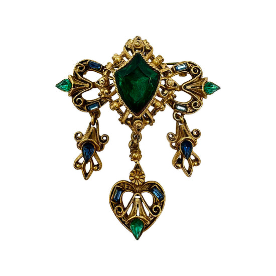 Florenza Vintage Emerald Green Victorian Brooch Pin with Dangles