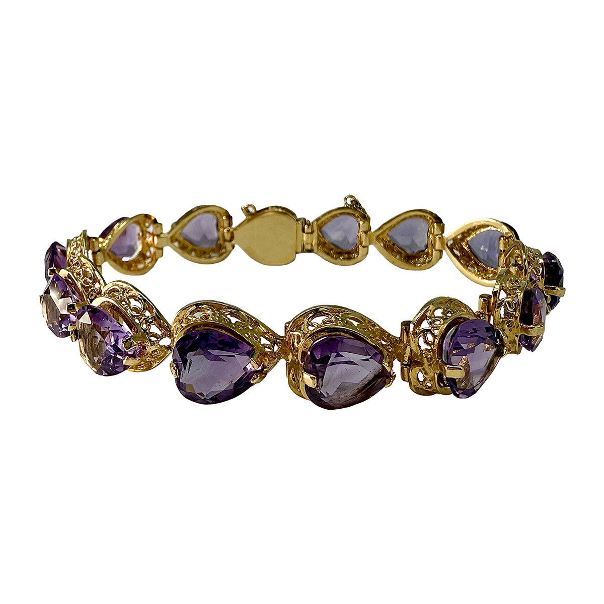Vintage 14K Gold Heart Shaped Amethyst Link Bracelet
