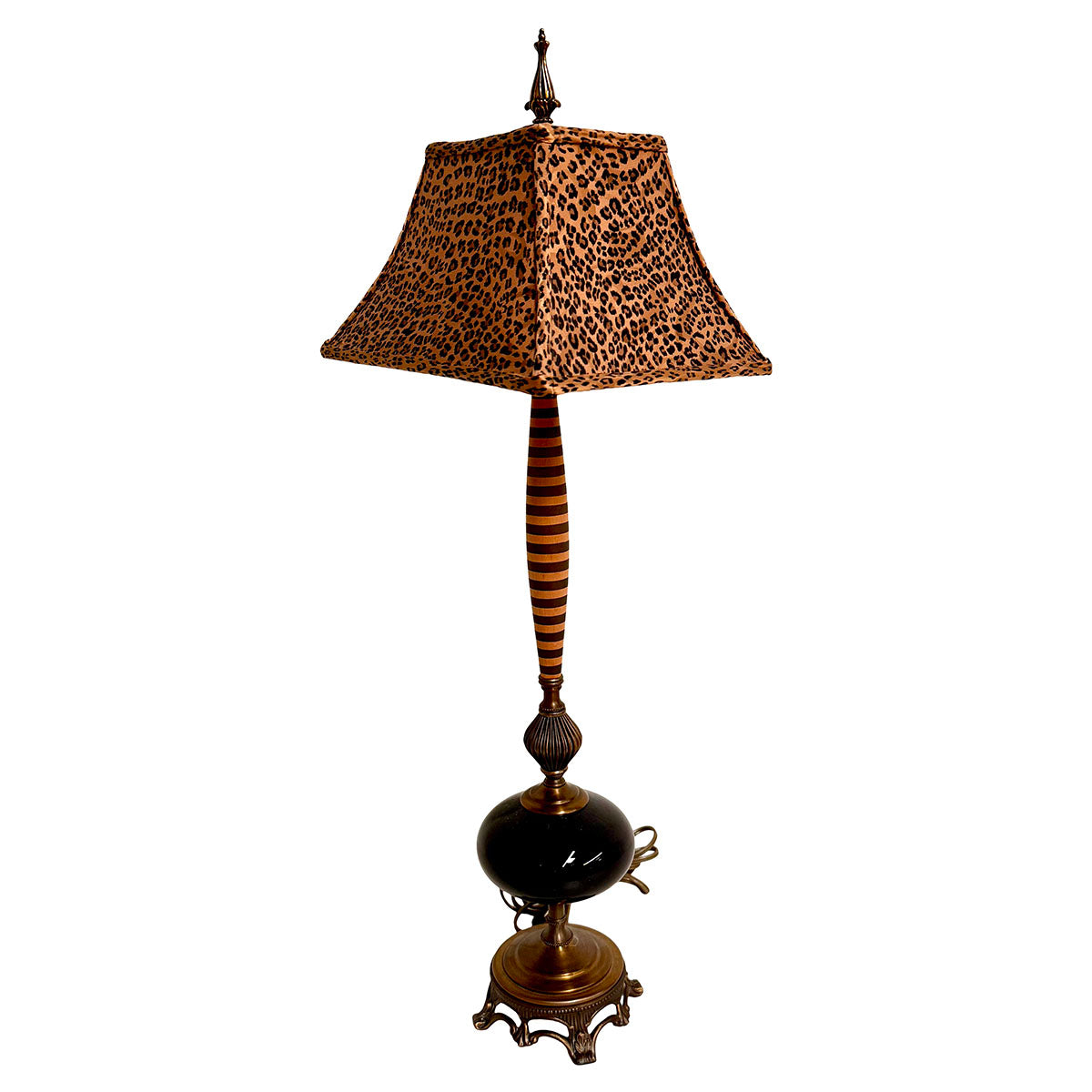 Candlestick Lamp with Striped Base and Leopard Print Shade