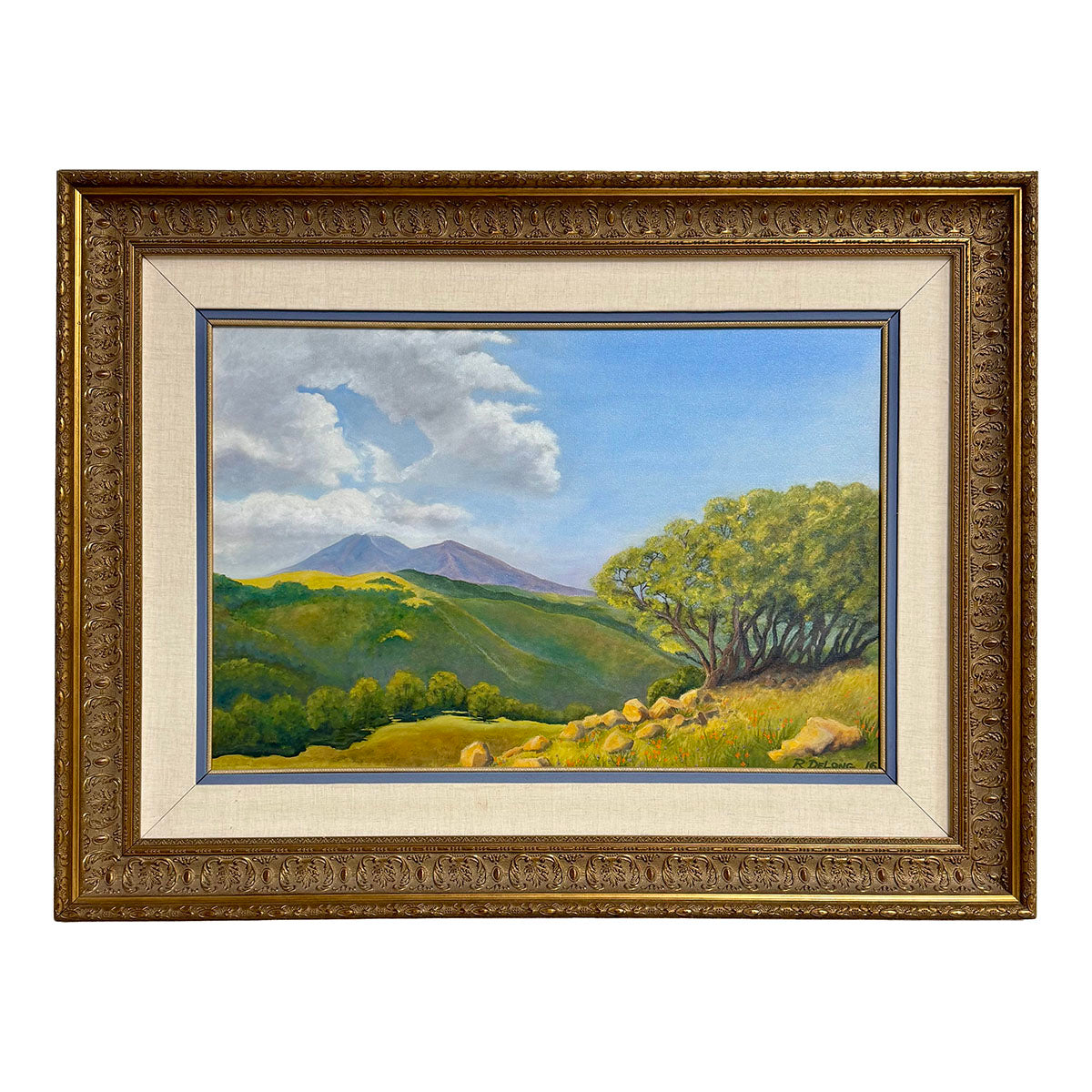 "Landscape Featuring a Meadow with Mountains in the Background" Signed