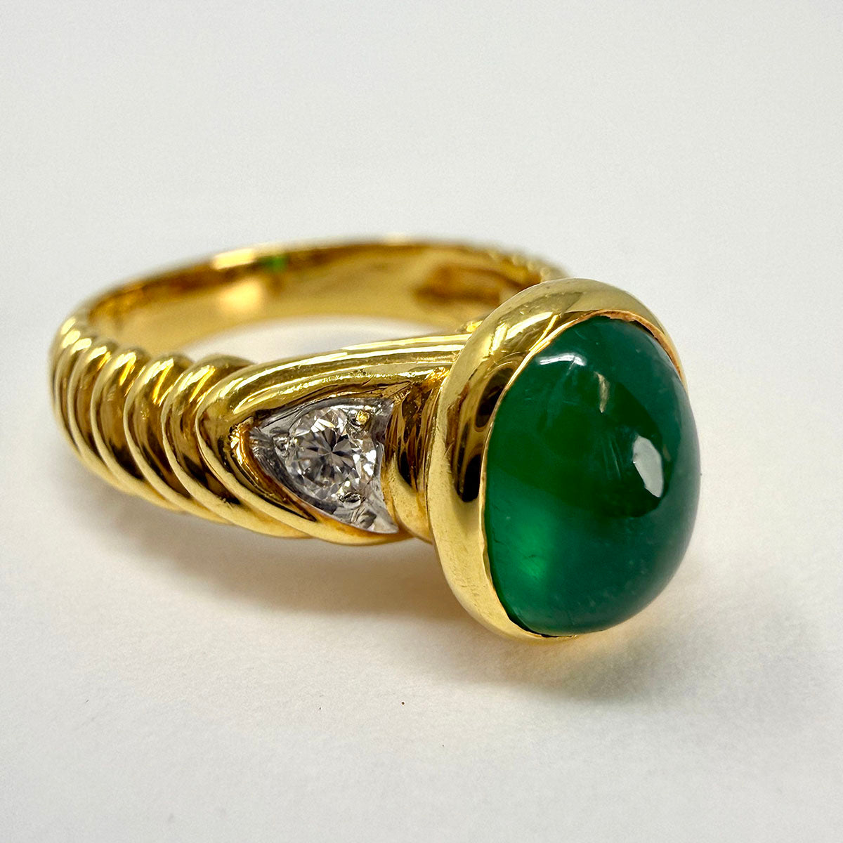 Montreaux 18K Gold and Platinum Ring with Emerald Cabochon and 2 Diamonds