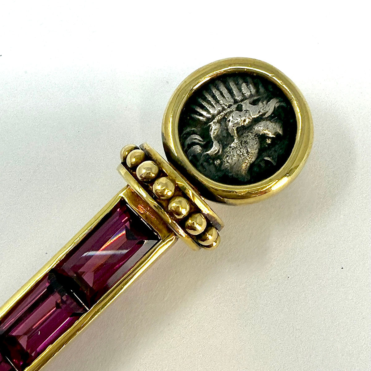 Susan Berman 18K Gold Pin with Roman Coin and Garnets