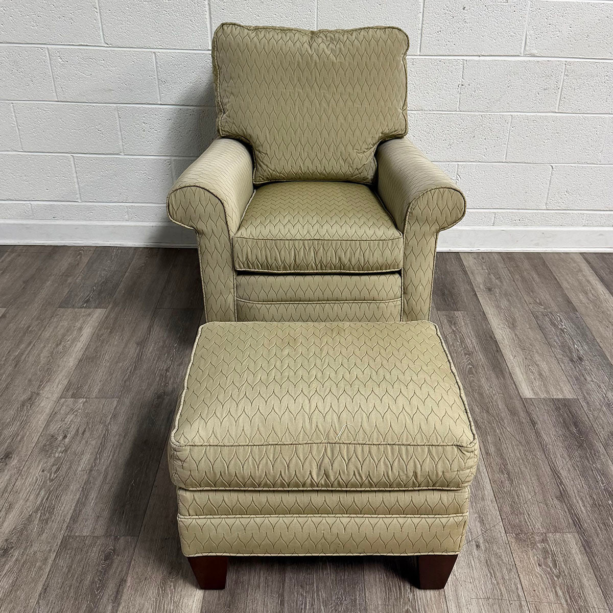 Beige Upholstered Armchair with Matching Ottoman