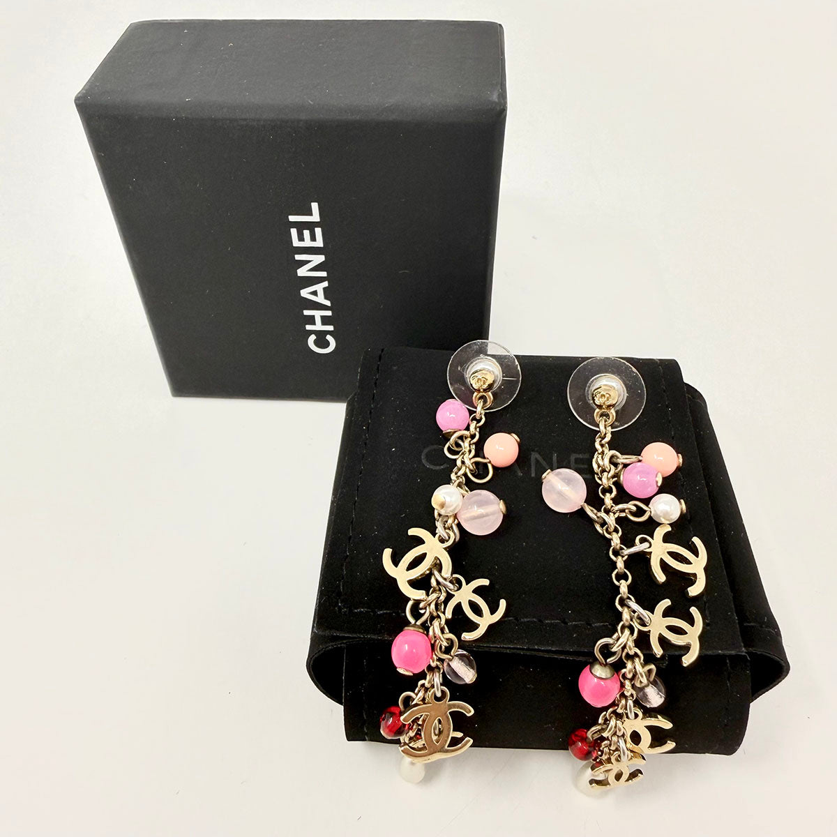 Chanel Pink Dangling Faux Pearl Drop Earrings