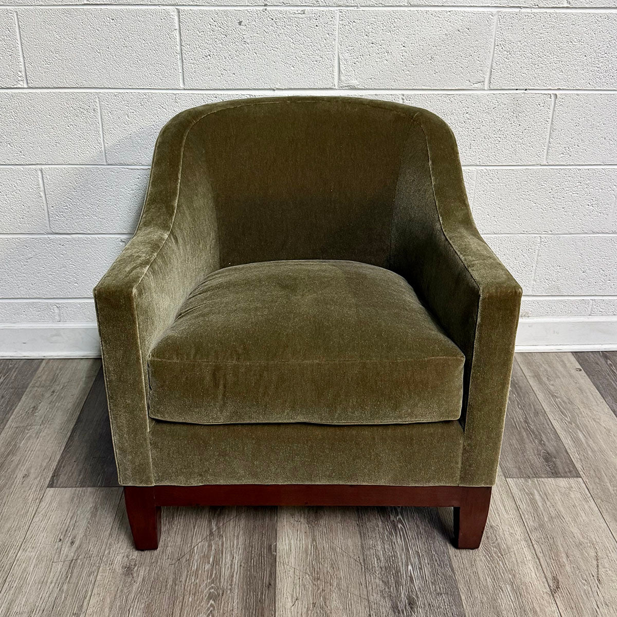Pair of A. Rudin Olive Green Moihair Club Chairs