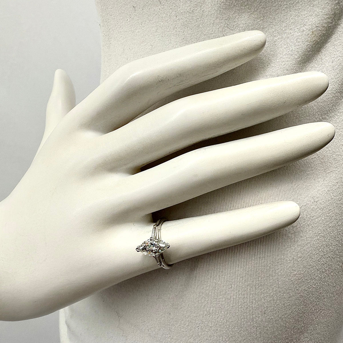 14K White Gold Ring with Marquise and 2 Baguette Diamonds