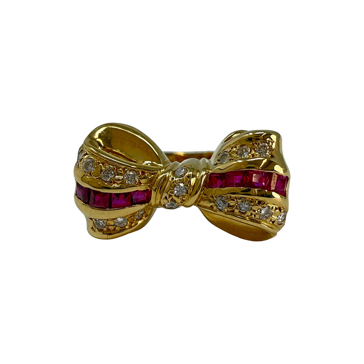18K Gold Bow Ring with Diamond and Ruby