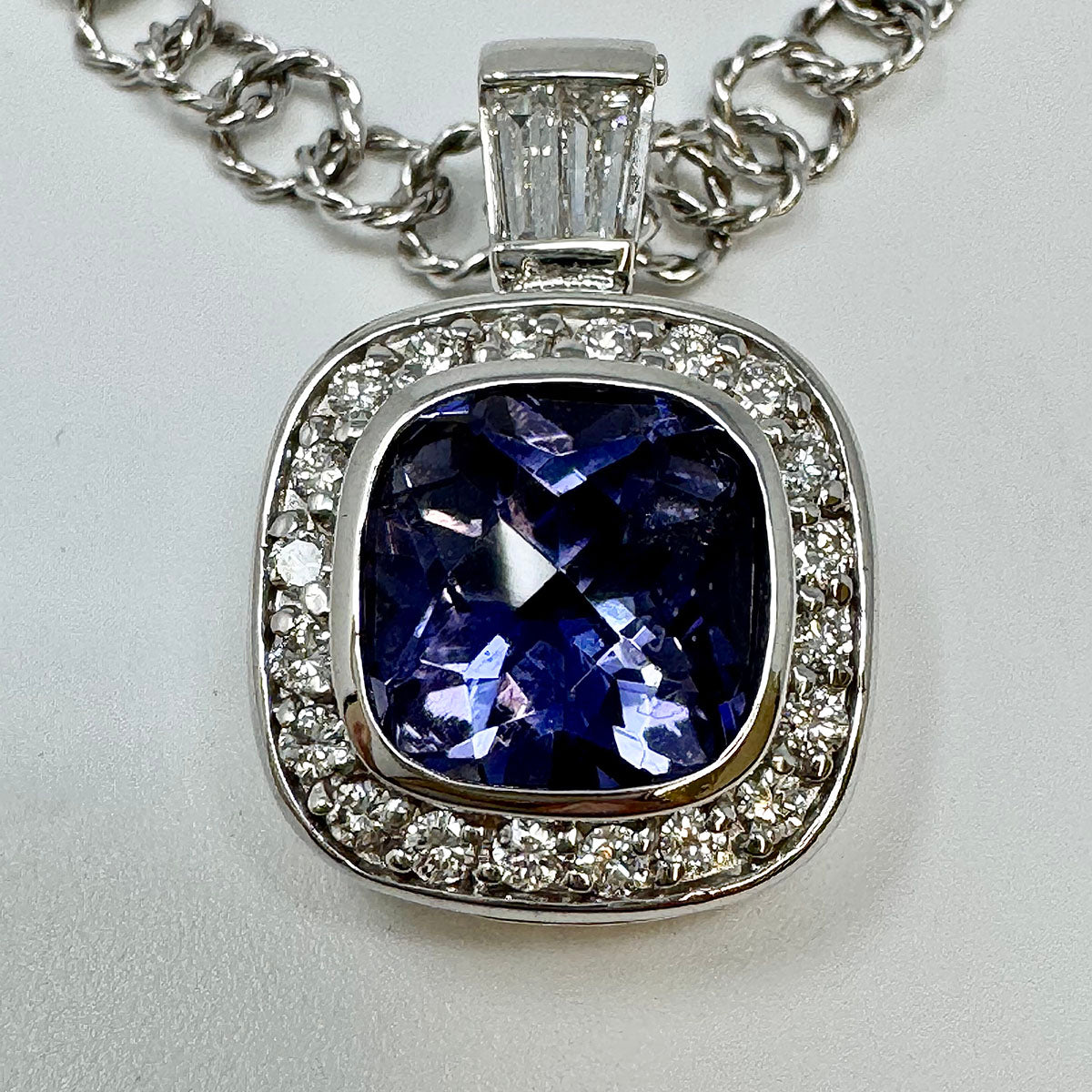 14K White Gold  Necklace with Iolite and Diamond Pendant