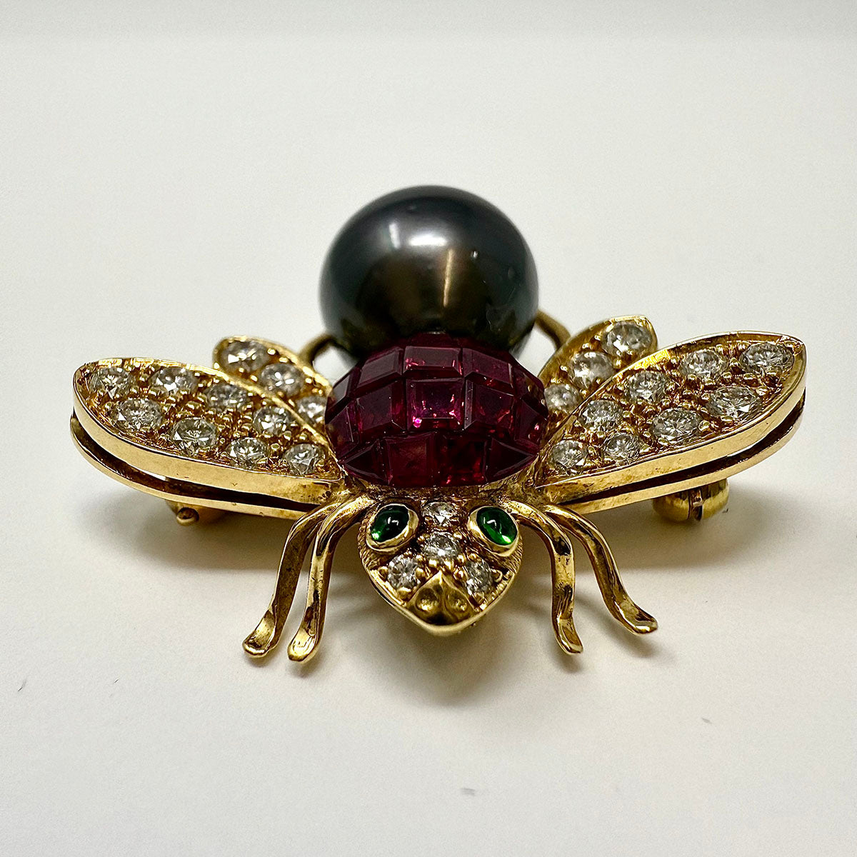 18K Gold Bee Pin with Tahitian Peal, Diamond, Ruby and Tsavorites