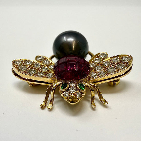 18K Gold Bee Pin with Tahitian Peal, Diamond, Ruby and Tsavorites