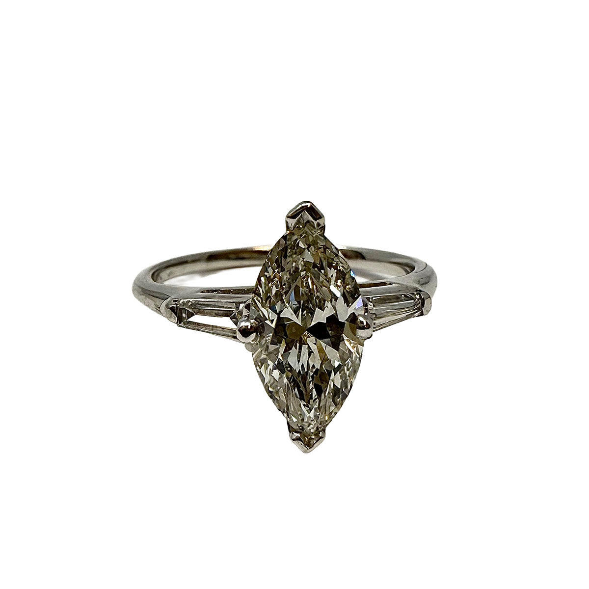 14K White Gold Ring with Marquise and 2 Baguette Diamonds